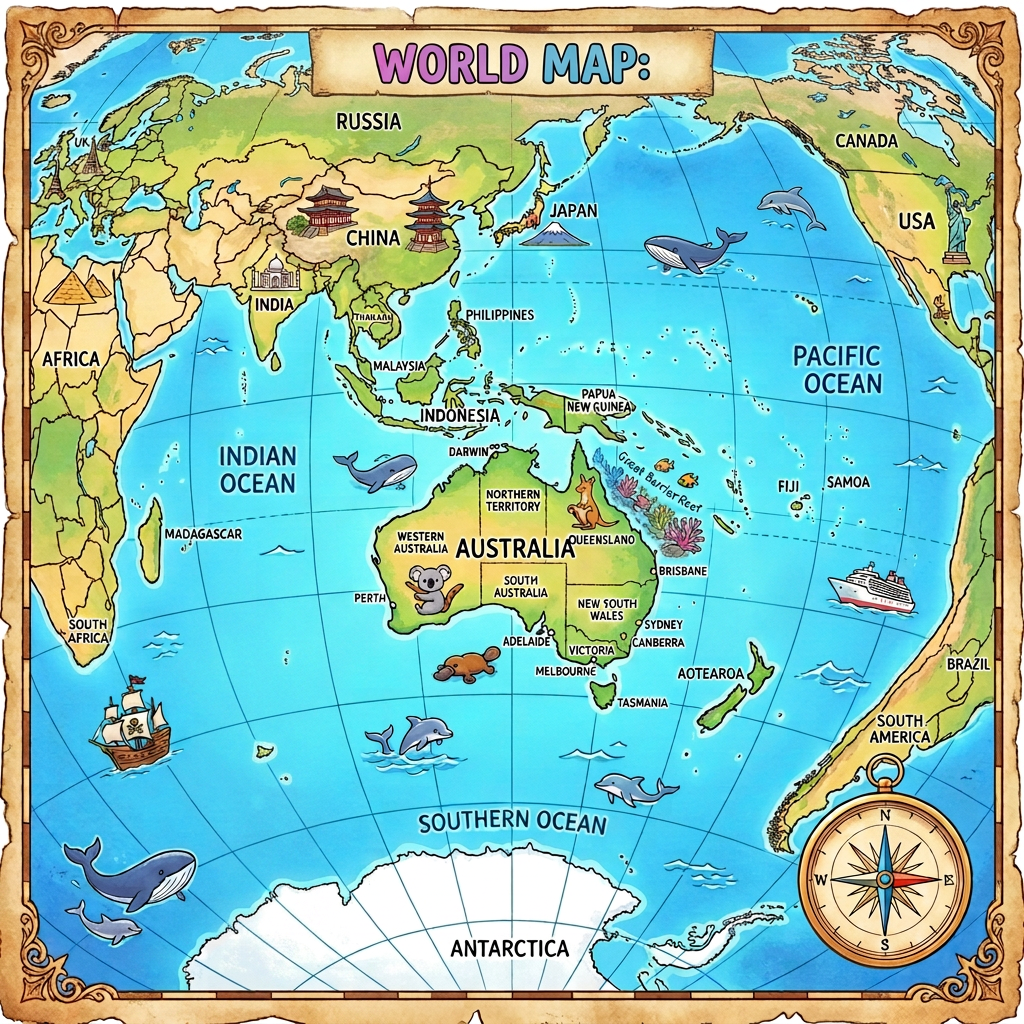 Illustrated world map centered on Australia with labeled regions and oceans