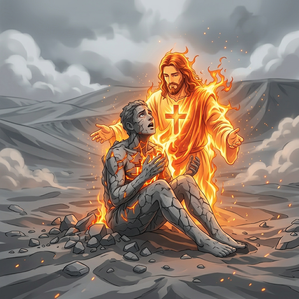 Cracked person sitting amid ash as a glowing fiery figure reaches behind them