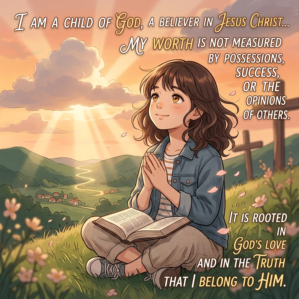 Text reads: “I AM A CHILD OF GOD, A BELIEVER IN JESUS CHRIST... MY WORTH IS NOT MEASURED BY POSSESSIONS, SUCCESS, OR THE OPINIONS OF OTHERS. IT IS ROOTED IN GOD’S LOVE AND IN THE TRUTH THAT I BELONG TO HIM.” A young woman kneels with an open Bible.