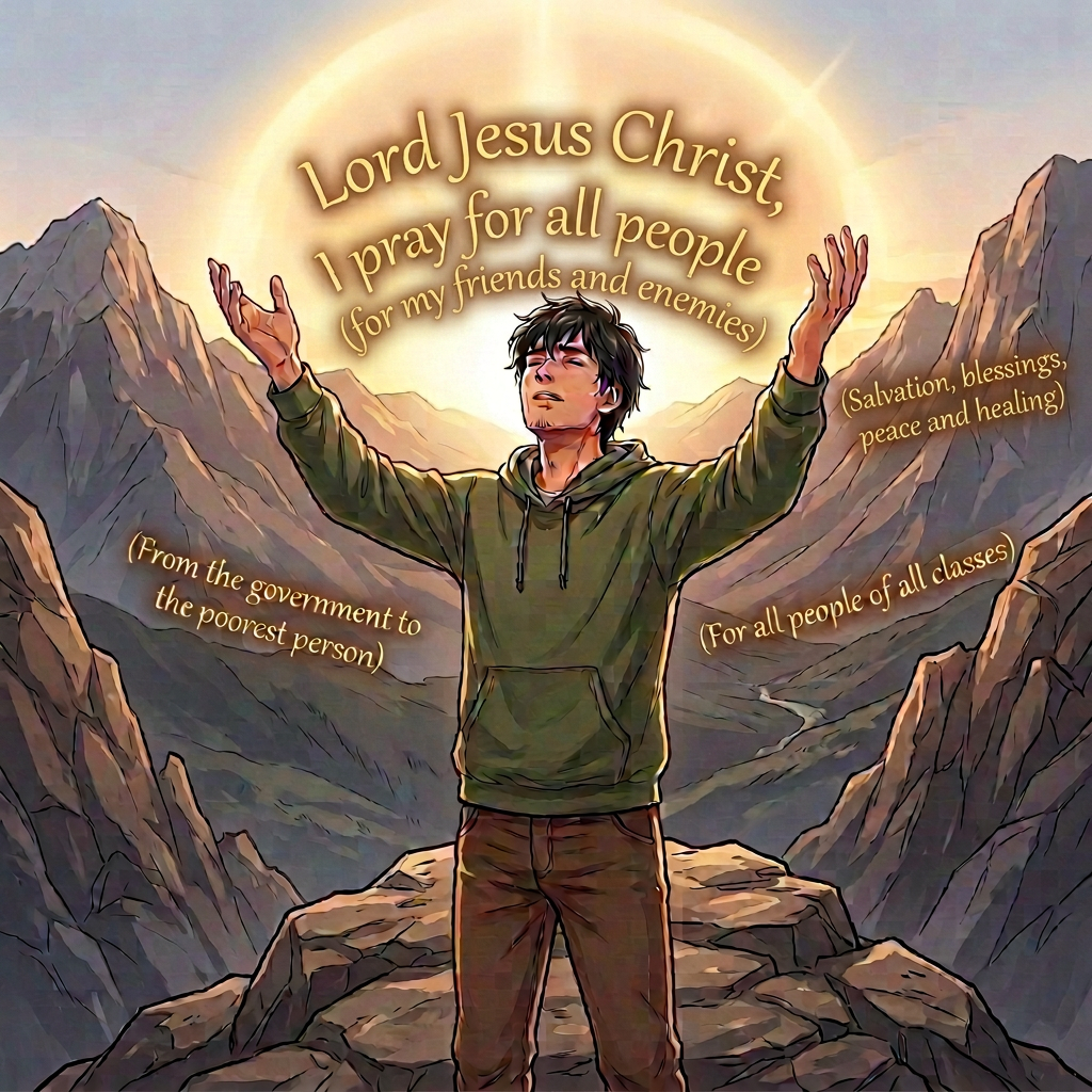 Jesus in stained glass above praying people; text: 主イエス・キリスト、すべての人々のために; Lord Jesus Christ, I pray for all people; 平和と癒しを; Peace and healing; 政府から最も貧しい人まで; From the government to the poorest person; すべての階層の人々のために; For people of all classes