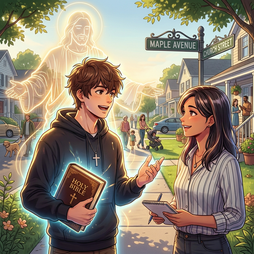 Young man holding a Holy Bible speaks with a woman holding a notebook in church