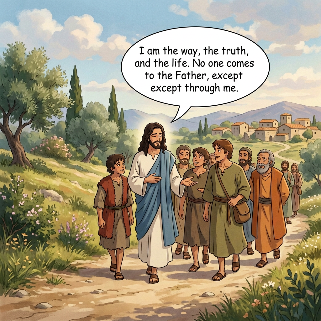 Jesus in white and blue robe speaking to a group of disciples walking on a dirt path through a scenic countryside with trees and distant village.