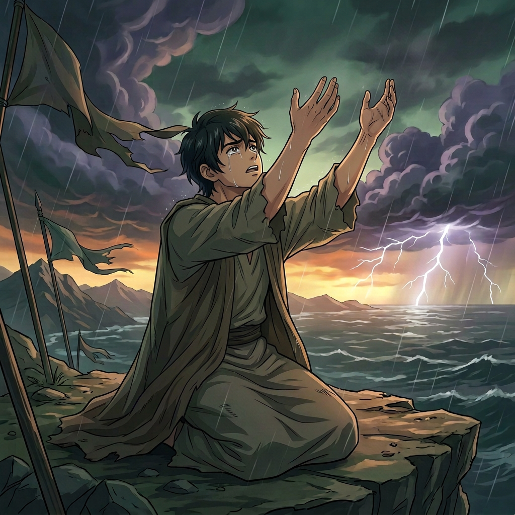 Kneeling person praying in rain beside the sea; “Bless Yahuweh, my soul” (Psalm 103:1 WEB)